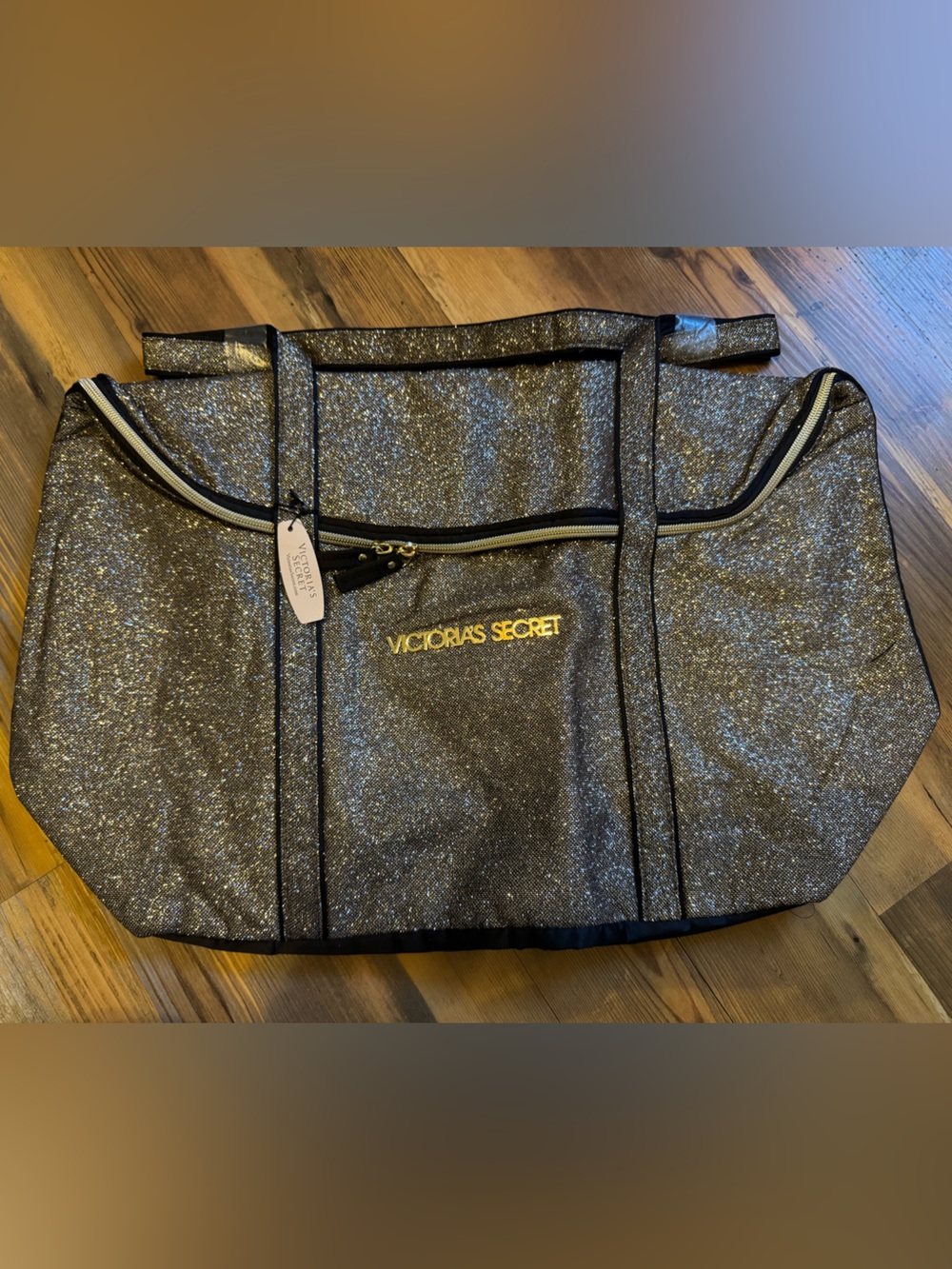 Victoria's Secret Black Glitter Tote with Gold Logo